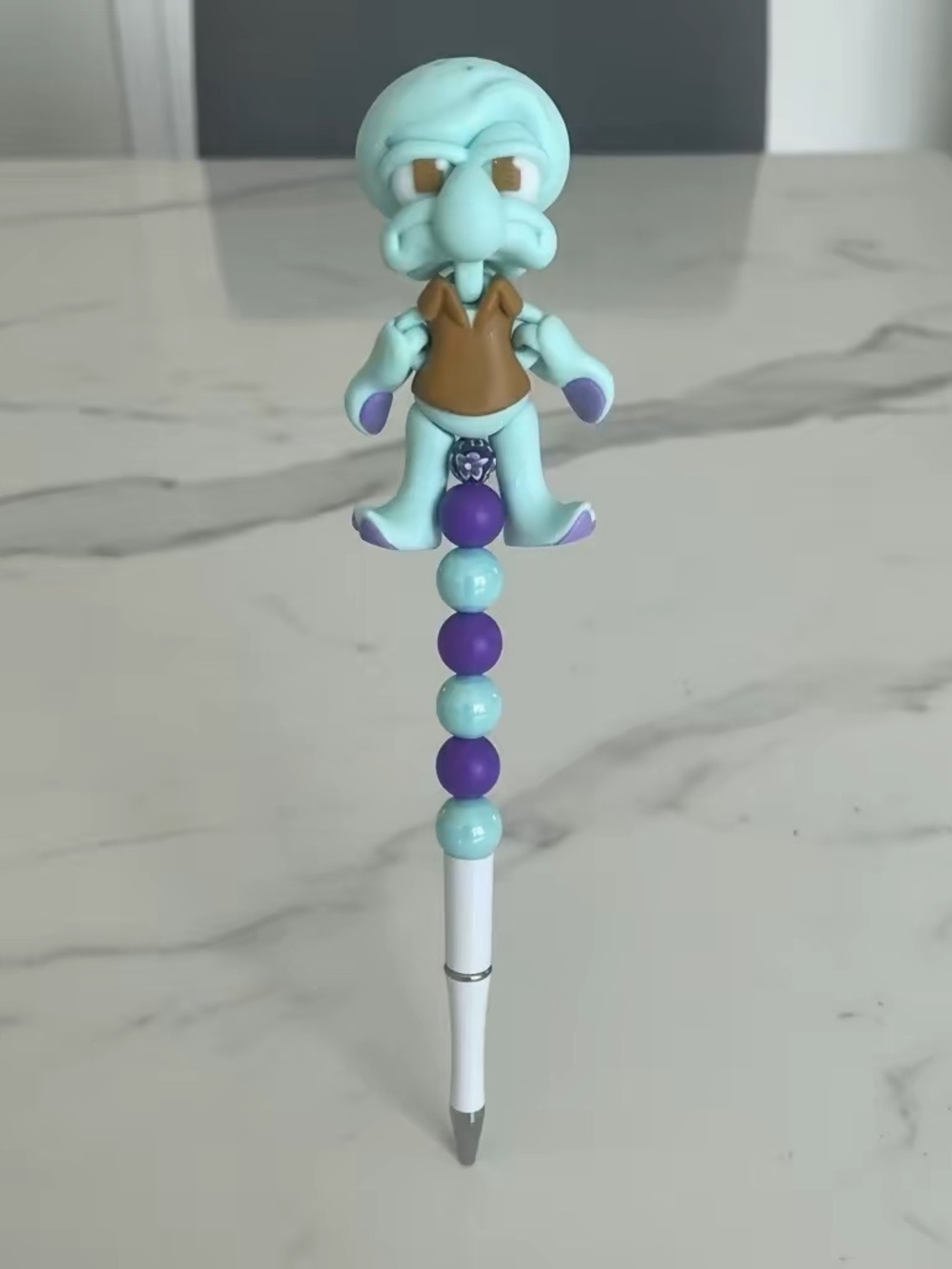 Handcrafted Light Blue & Purple Squidward Character Bead Pen with Brown Vest
